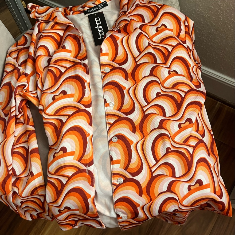 Funky printed oversized orange button down shirt, new with tags, size 6